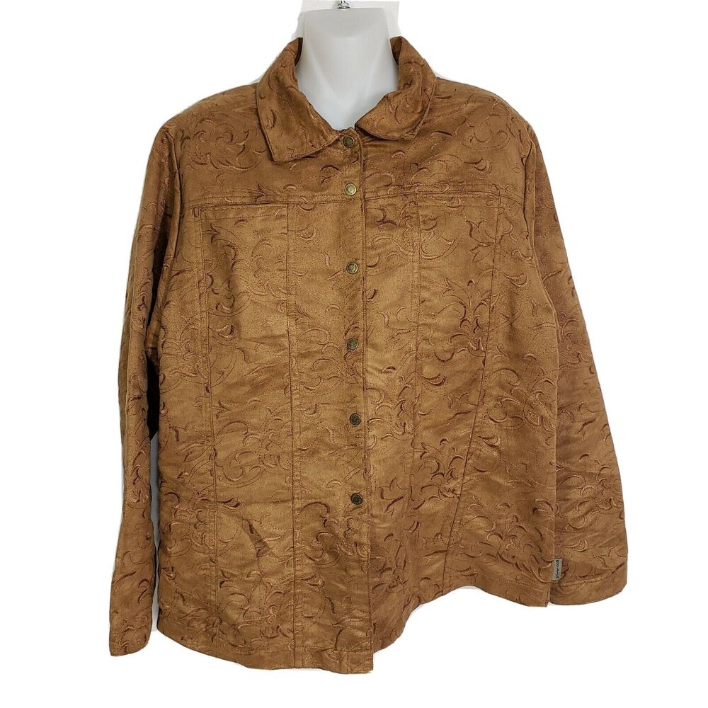 Woolrich Womens Shirt Jacket Large Brown Snap Front Unlined Embroidered Pockets